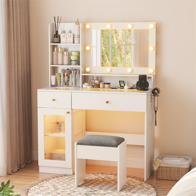 Makeup Vanity Desk with Lighted Mirror & Charging Station White