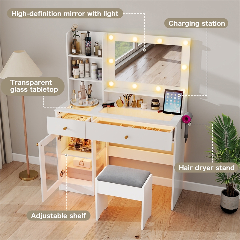 Makeup Vanity Desk with Lighted Mirror & Charging Station White