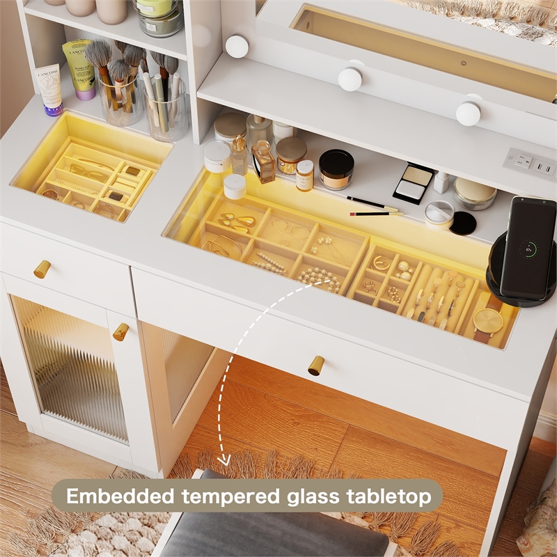 Makeup Vanity Desk with Lighted Mirror & Charging Station White