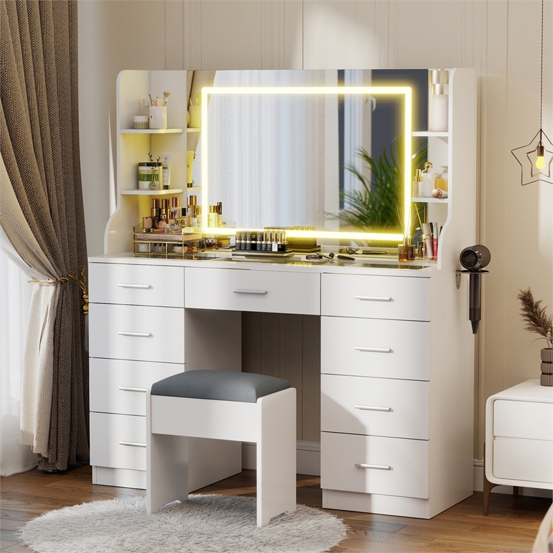 Vanity Table with Mirror and Charging Station & 8 Drawers White