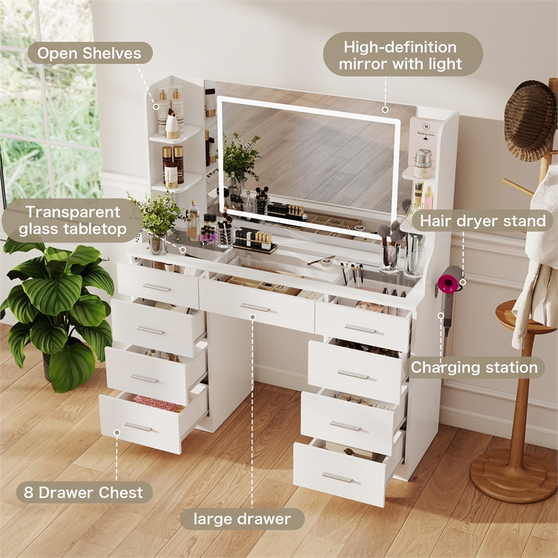 Vanity Table with Mirror and Charging Station & 8 Drawers White