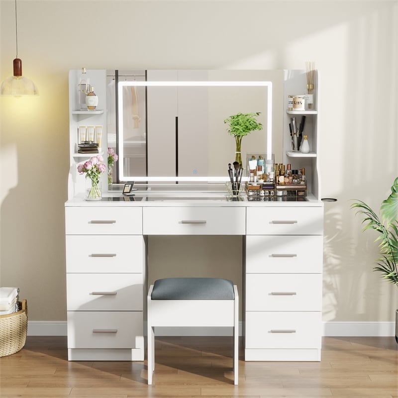 Vanity Table with Mirror and Charging Station & 8 Drawers White