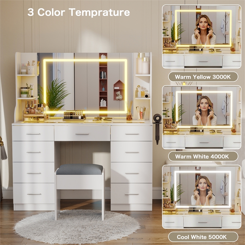 Vanity Table with Mirror and Charging Station & 8 Drawers White