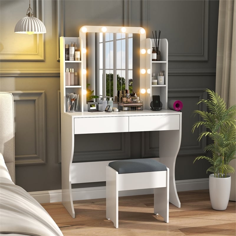 Vanity Desk with Lighted Mirror & Charging Station White