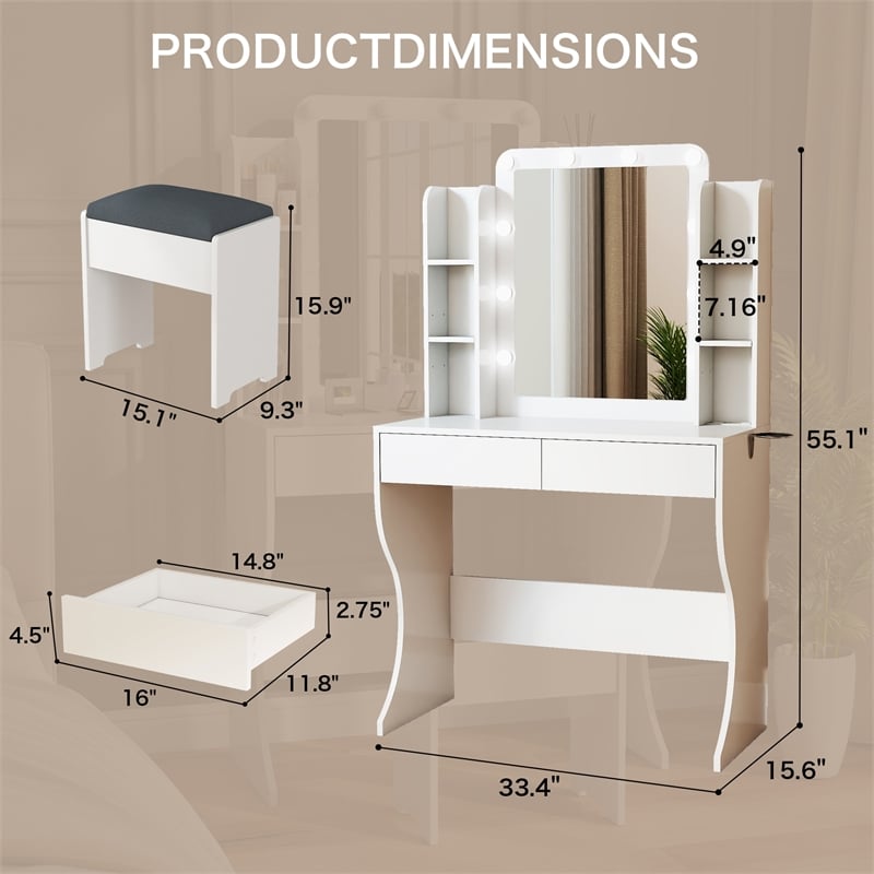 Vanity Desk with Lighted Mirror & Charging Station White