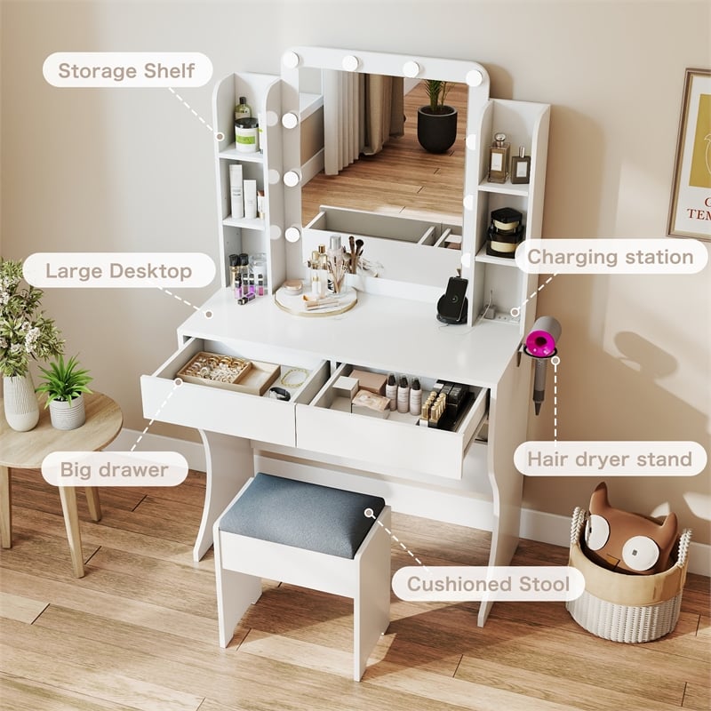 Vanity Desk with Lighted Mirror & Charging Station White