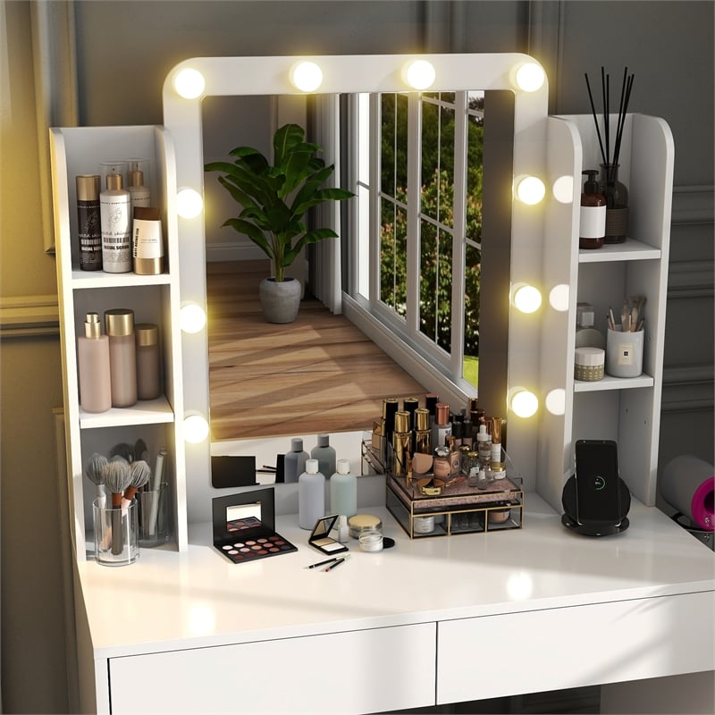 Vanity Desk with Lighted Mirror & Charging Station White