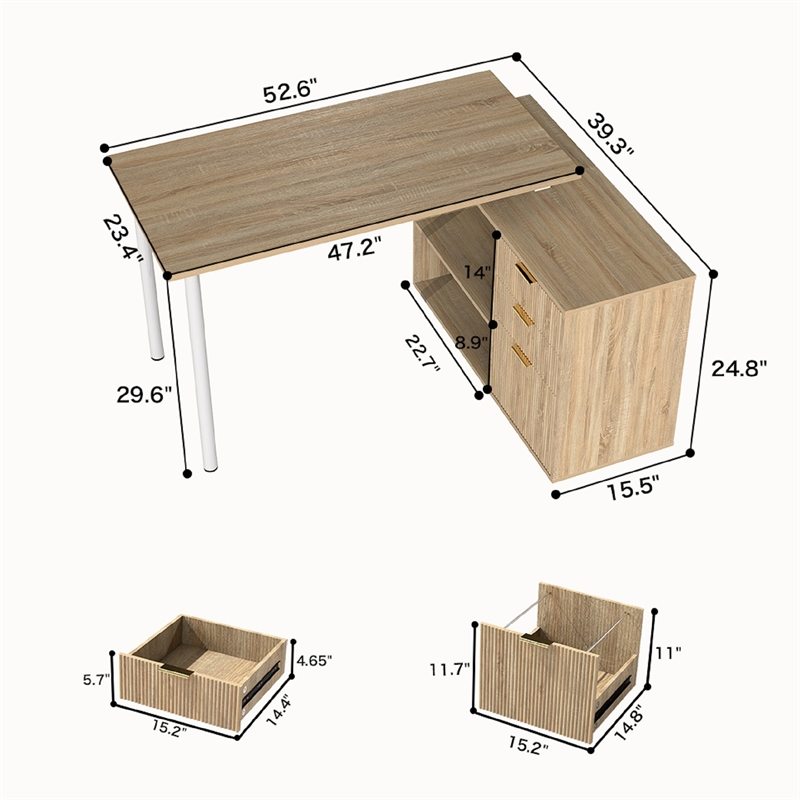 L-Shaped Computer Desk with File Drawers & Shelves Light Wood Finish