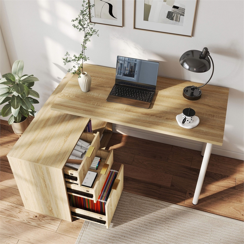 L-Shaped Computer Desk with File Drawers & Shelves Light Wood Finish