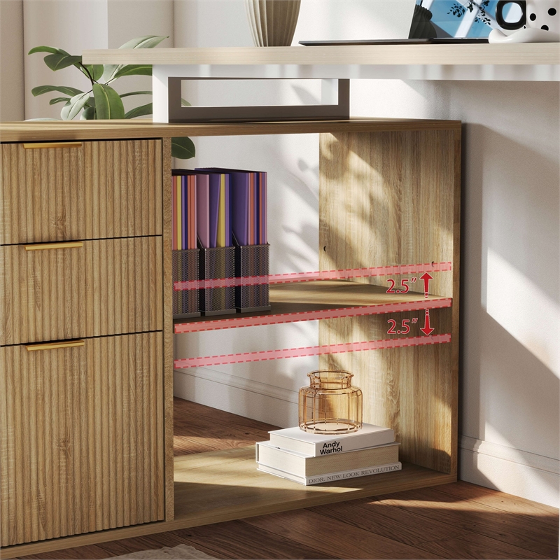 L-Shaped Computer Desk with File Drawers & Shelves Light Wood Finish