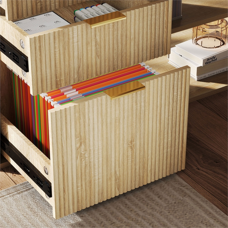 L-Shaped Computer Desk with File Drawers & Shelves Light Wood Finish