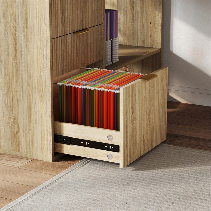L-Shaped Computer Desk with File Drawers & Shelves Light Wood Finish