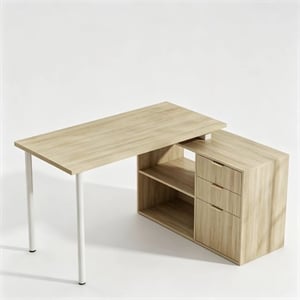 L-Shaped Computer Desk with File Drawers & Shelves Light Wood Finish