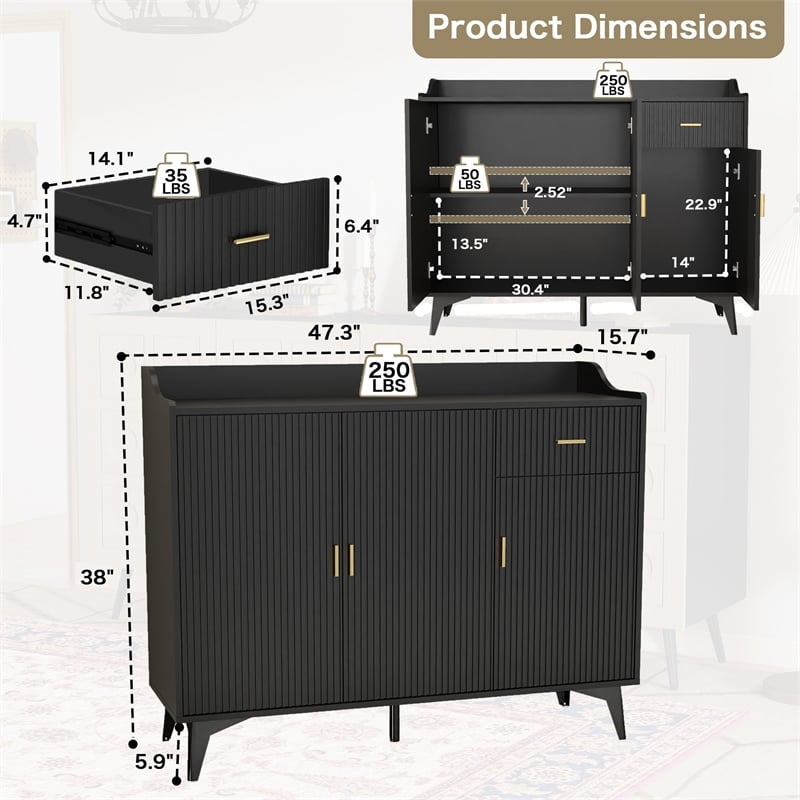 Modern Sideboard Buffet Cabinet with Adjustable Shelves Black