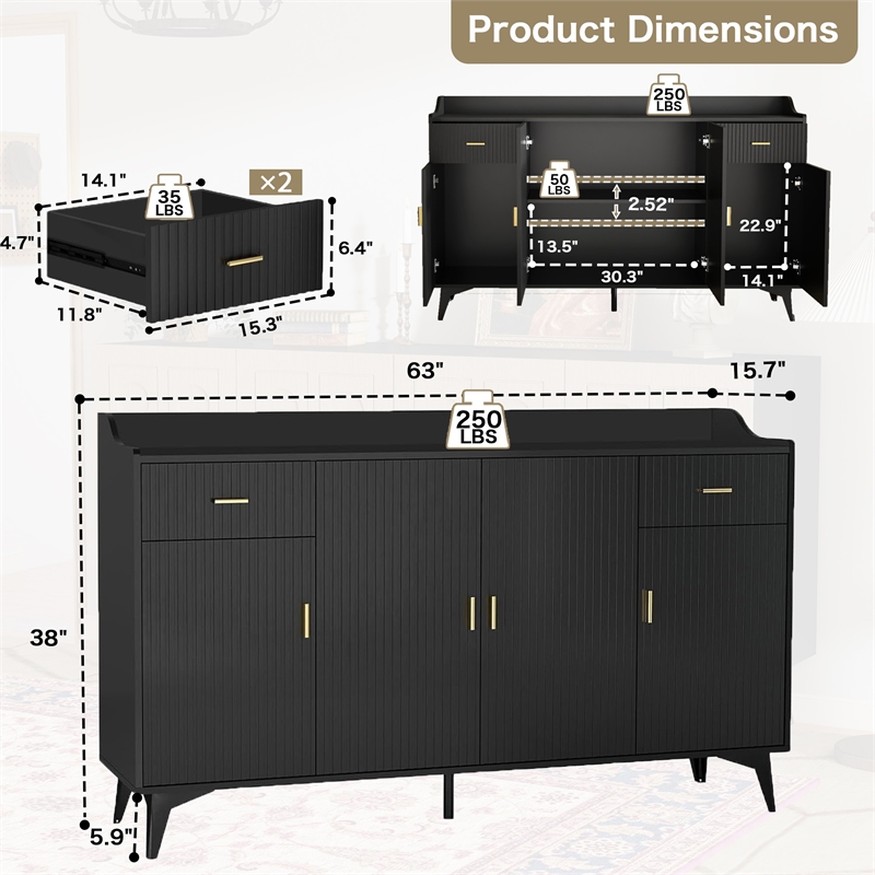 Modern Sideboard Cabinet with 4 Doors & 2 Drawers Black