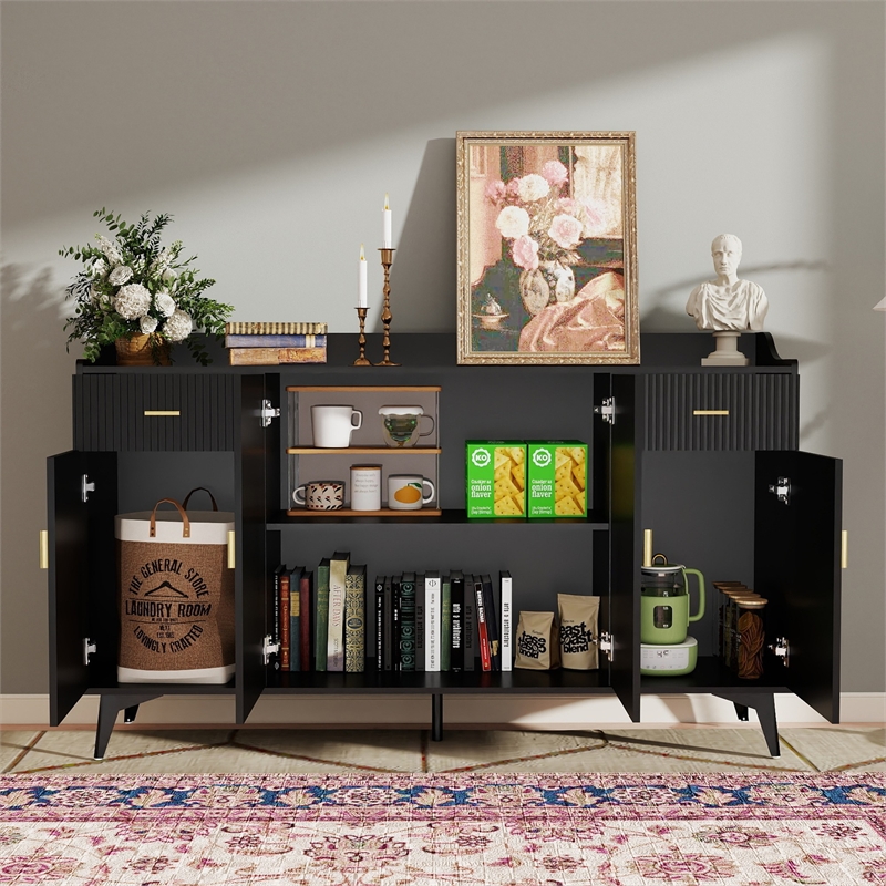 Modern Sideboard Cabinet with 4 Doors & 2 Drawers Black