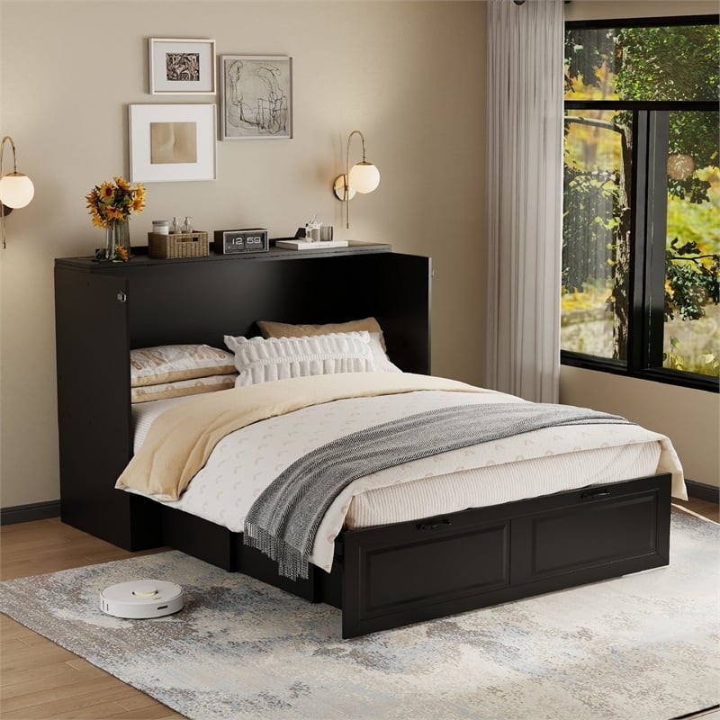 Full Size Murphy Bed Cabinet with Charging Station Black