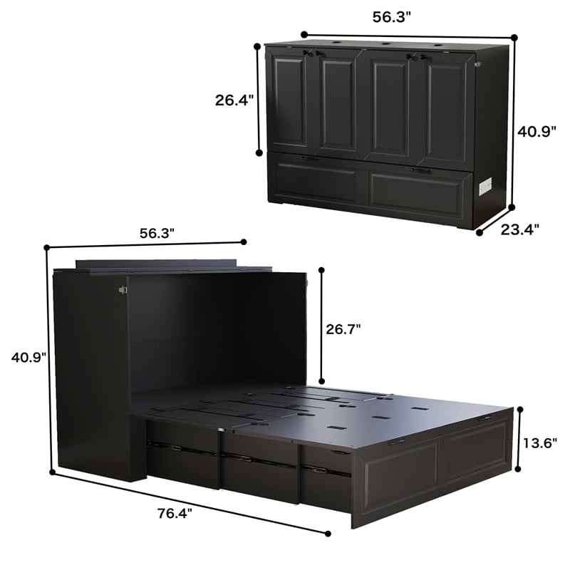 Full Size Murphy Bed Cabinet with Charging Station Black