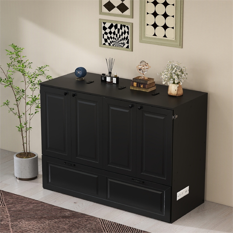 Full Size Murphy Bed Cabinet with Charging Station Black