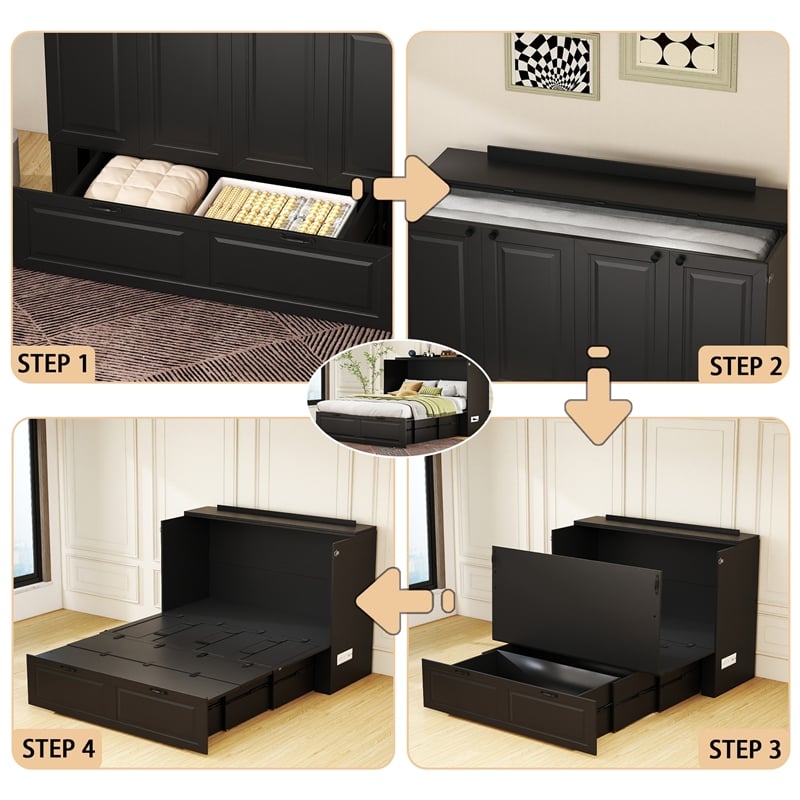 Full Size Murphy Bed Cabinet with Charging Station Black
