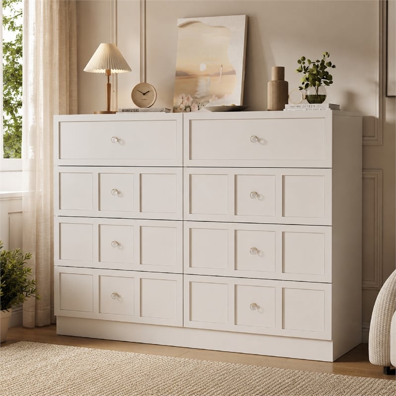 Modern 8 Drawer Dresser with Crystal Knobs White