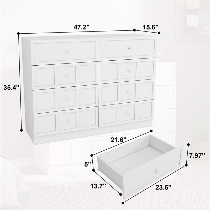 Modern 8 Drawer Dresser with Crystal Knobs White