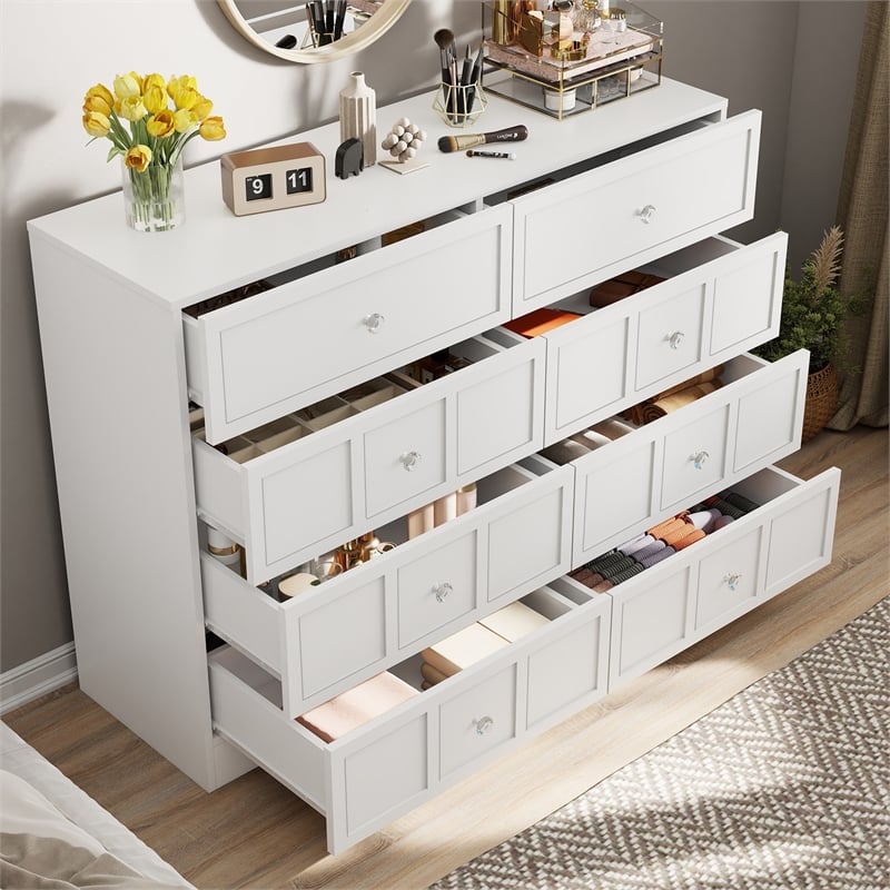 Modern 8 Drawer Dresser with Crystal Knobs White