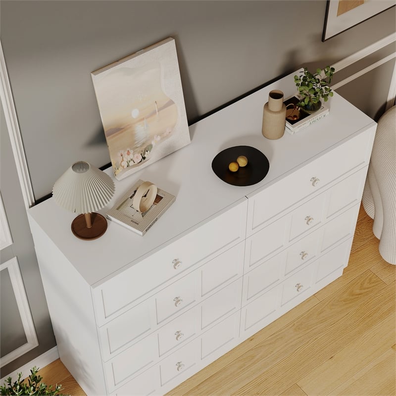 Modern 8 Drawer Dresser with Crystal Knobs White