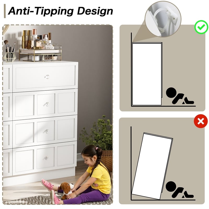 Modern 8 Drawer Dresser with Crystal Knobs White