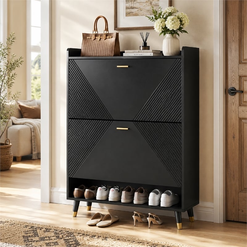 Modern Flip Down Shoe Cabinet with 2 Drawers for Entryway Black