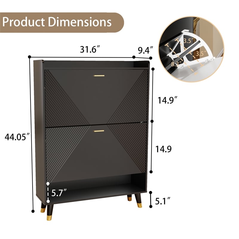 Modern Flip Down Shoe Cabinet with 2 Drawers for Entryway Black