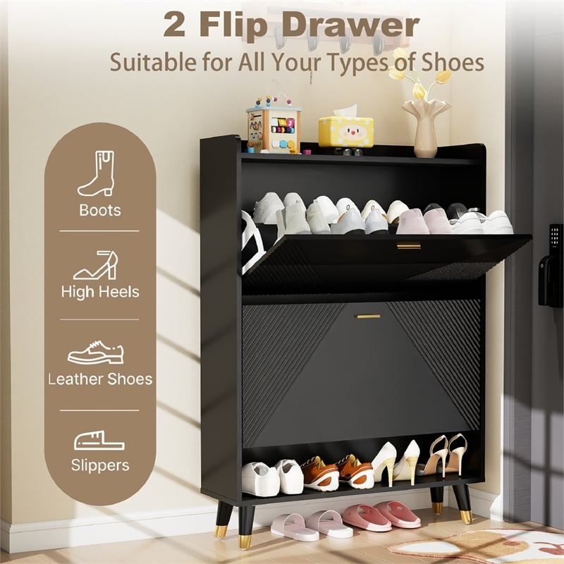 Modern Flip Down Shoe Cabinet with 2 Drawers for Entryway Black