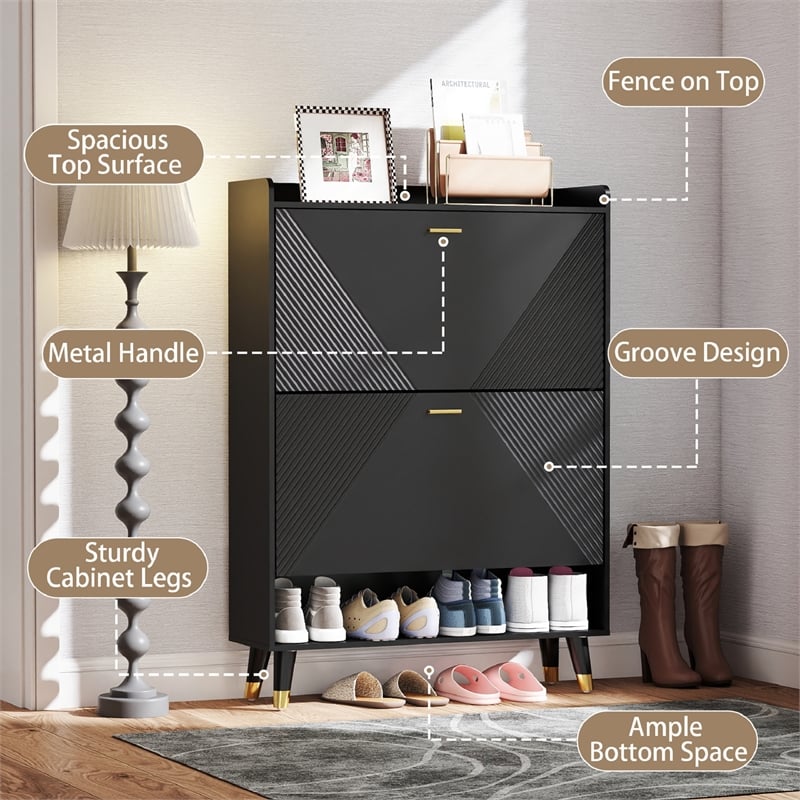Modern Flip Down Shoe Cabinet with 2 Drawers for Entryway Black
