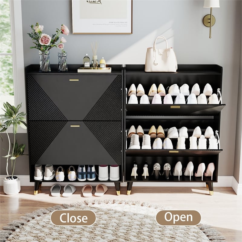 Modern Flip Down Shoe Cabinet with 2 Drawers for Entryway Black