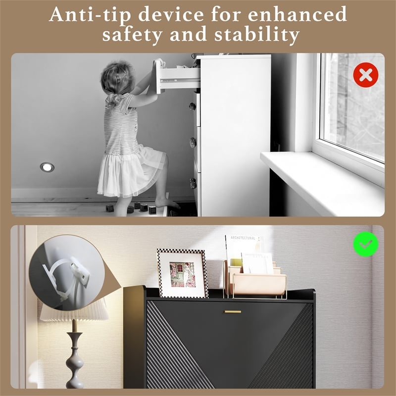 Modern Flip Down Shoe Cabinet with 2 Drawers for Entryway Black