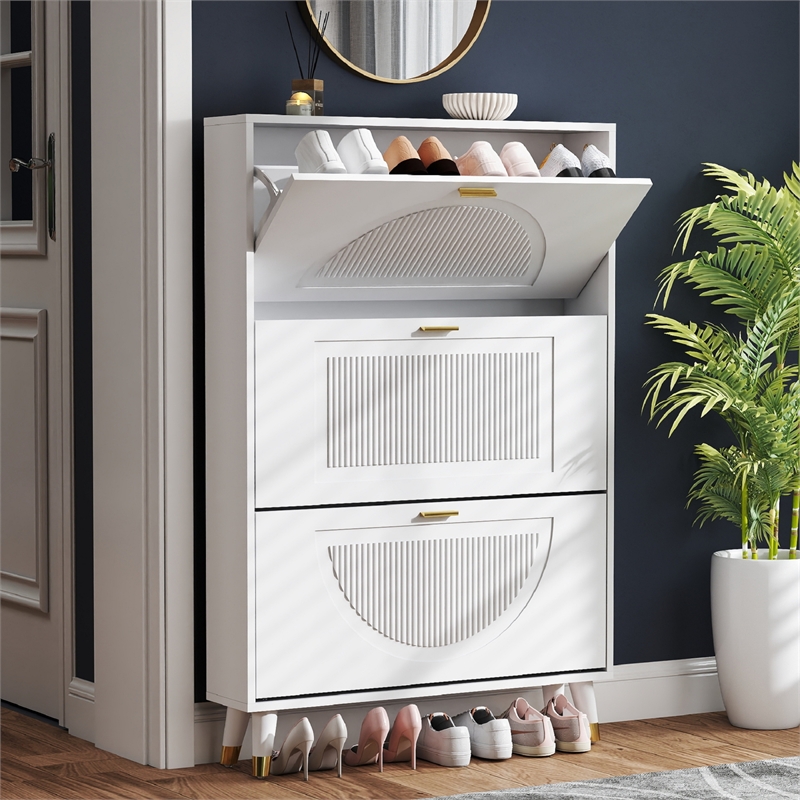 Modern Fluted Flip Drawer Shoe Cabinet for Entryway White