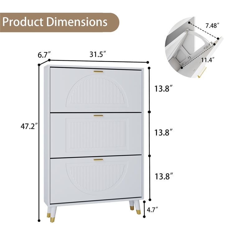 Modern Fluted Flip Drawer Shoe Cabinet for Entryway White