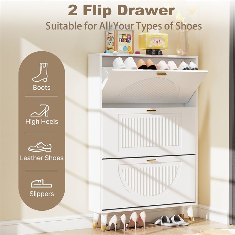 Modern Fluted Flip Drawer Shoe Cabinet for Entryway White