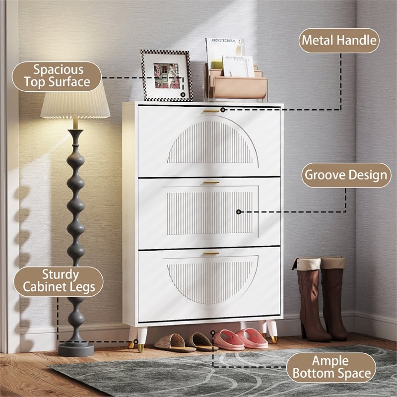 Modern Fluted Flip Drawer Shoe Cabinet for Entryway White