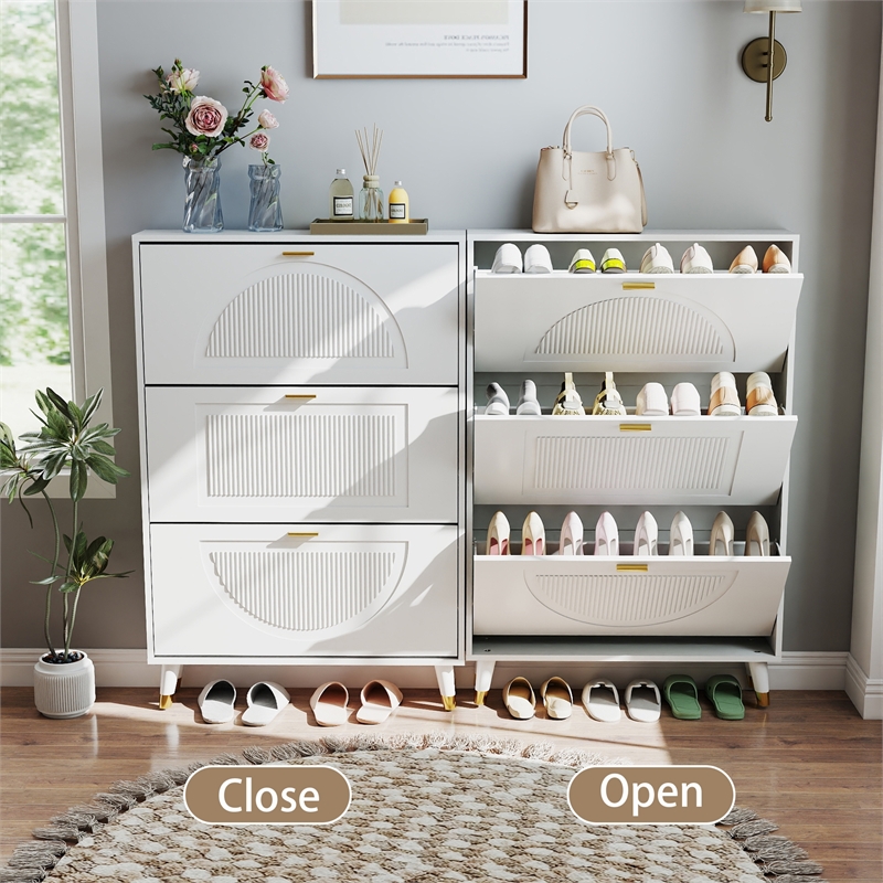 Modern Fluted Flip Drawer Shoe Cabinet for Entryway White