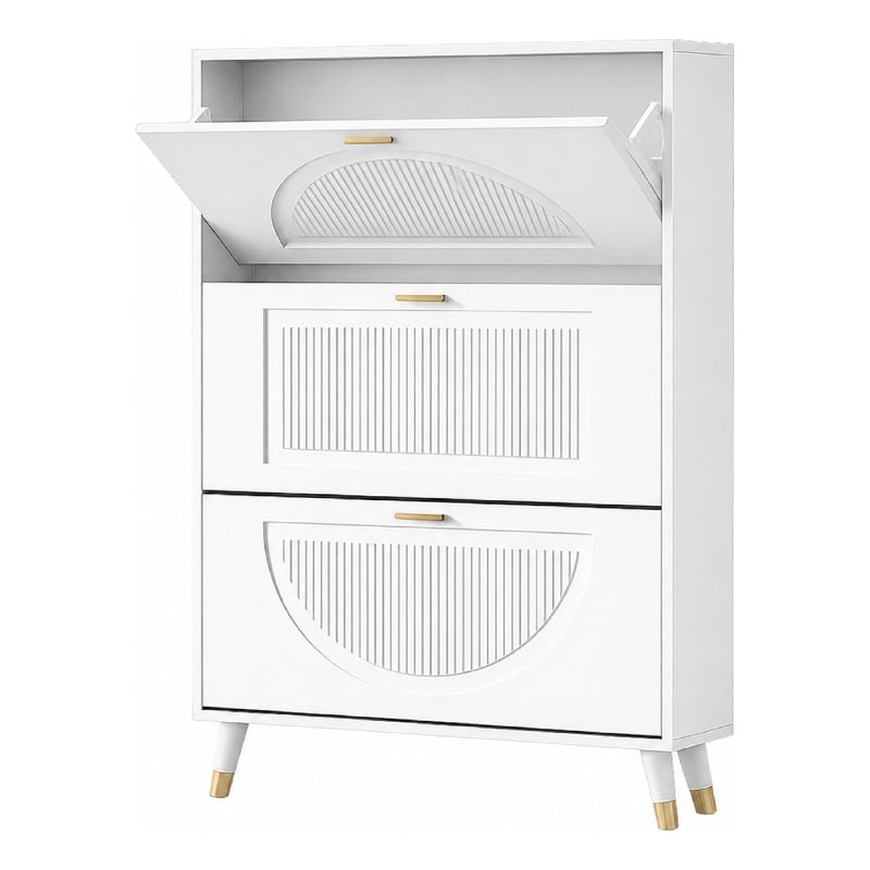 Modern Fluted Flip Drawer Shoe Cabinet for Entryway White