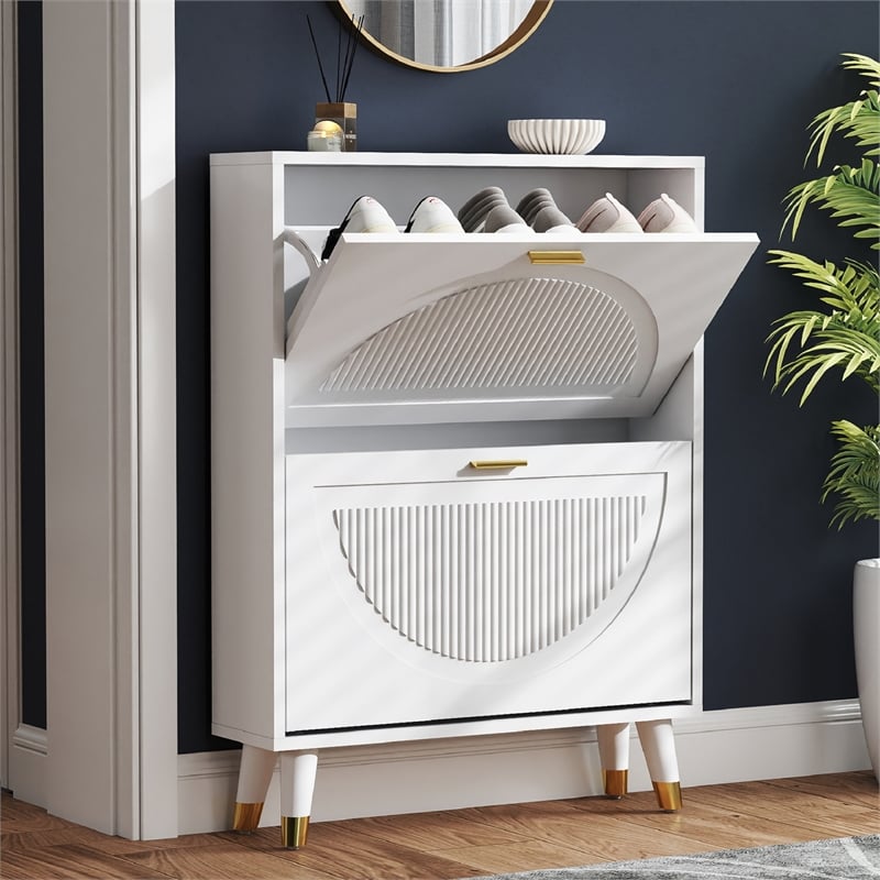 Modern Slim Shoe Cabinet with 2 Flip Drawers & Metal Legs White