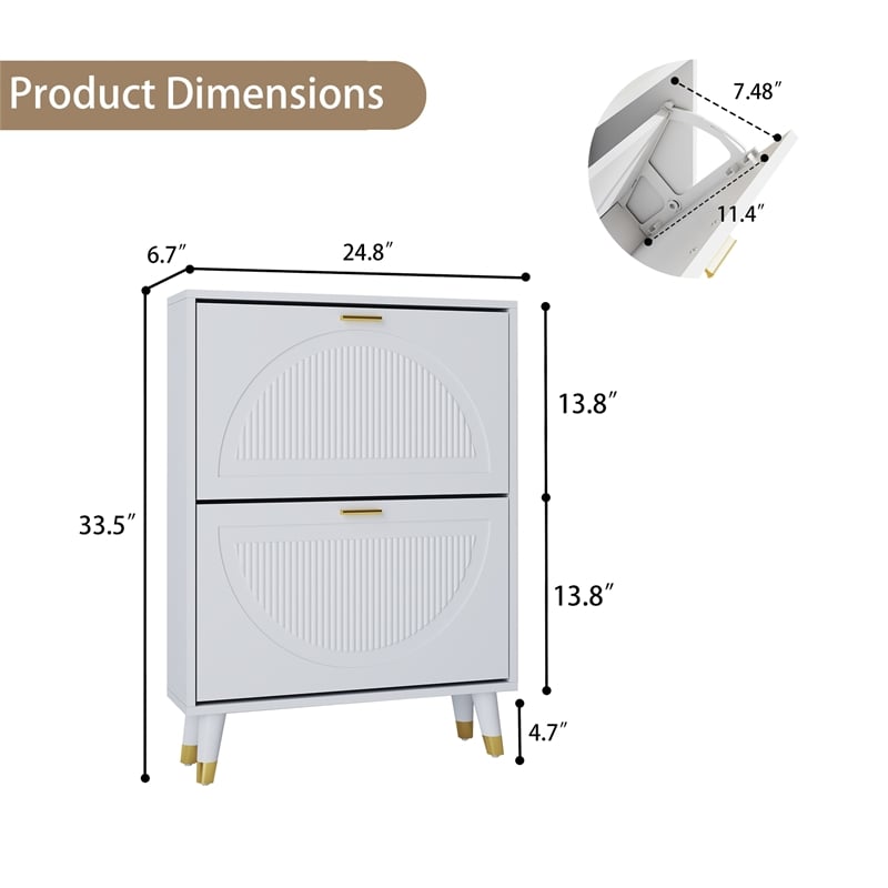 Modern Slim Shoe Cabinet with 2 Flip Drawers & Metal Legs White