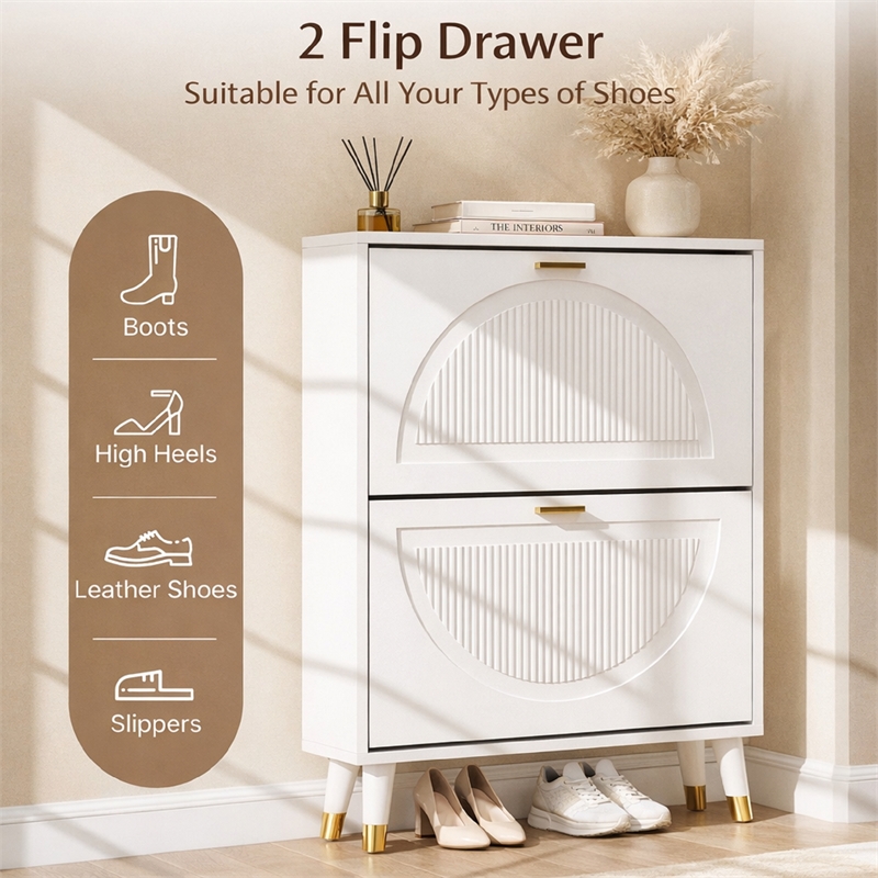 Modern Slim Shoe Cabinet with 2 Flip Drawers & Metal Legs White