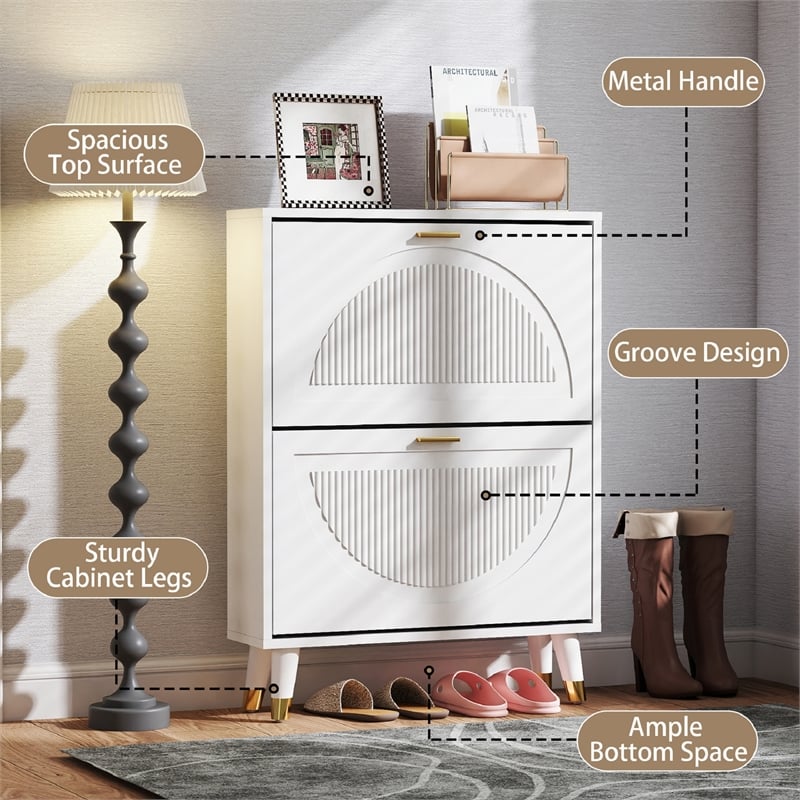 Modern Slim Shoe Cabinet with 2 Flip Drawers & Metal Legs White