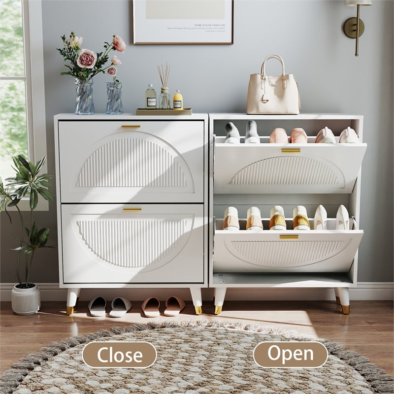 Modern Slim Shoe Cabinet with 2 Flip Drawers & Metal Legs White
