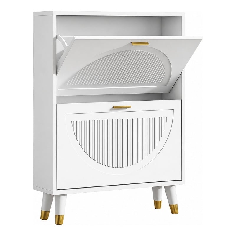 Modern Slim Shoe Cabinet with 2 Flip Drawers & Metal Legs White