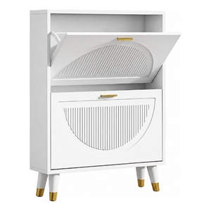 Modern Slim Shoe Cabinet with 2 Flip Drawers & Metal Legs White
