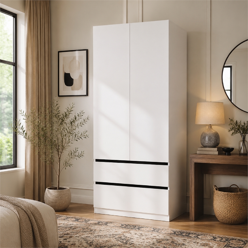 Modern Armoire Wardrobe Closet with 2 Doors & 2 Drawers White