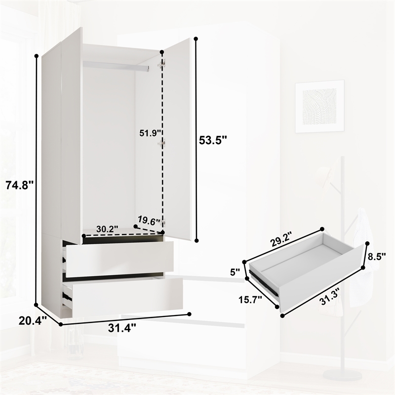 Modern Armoire Wardrobe Closet with 2 Doors & 2 Drawers White